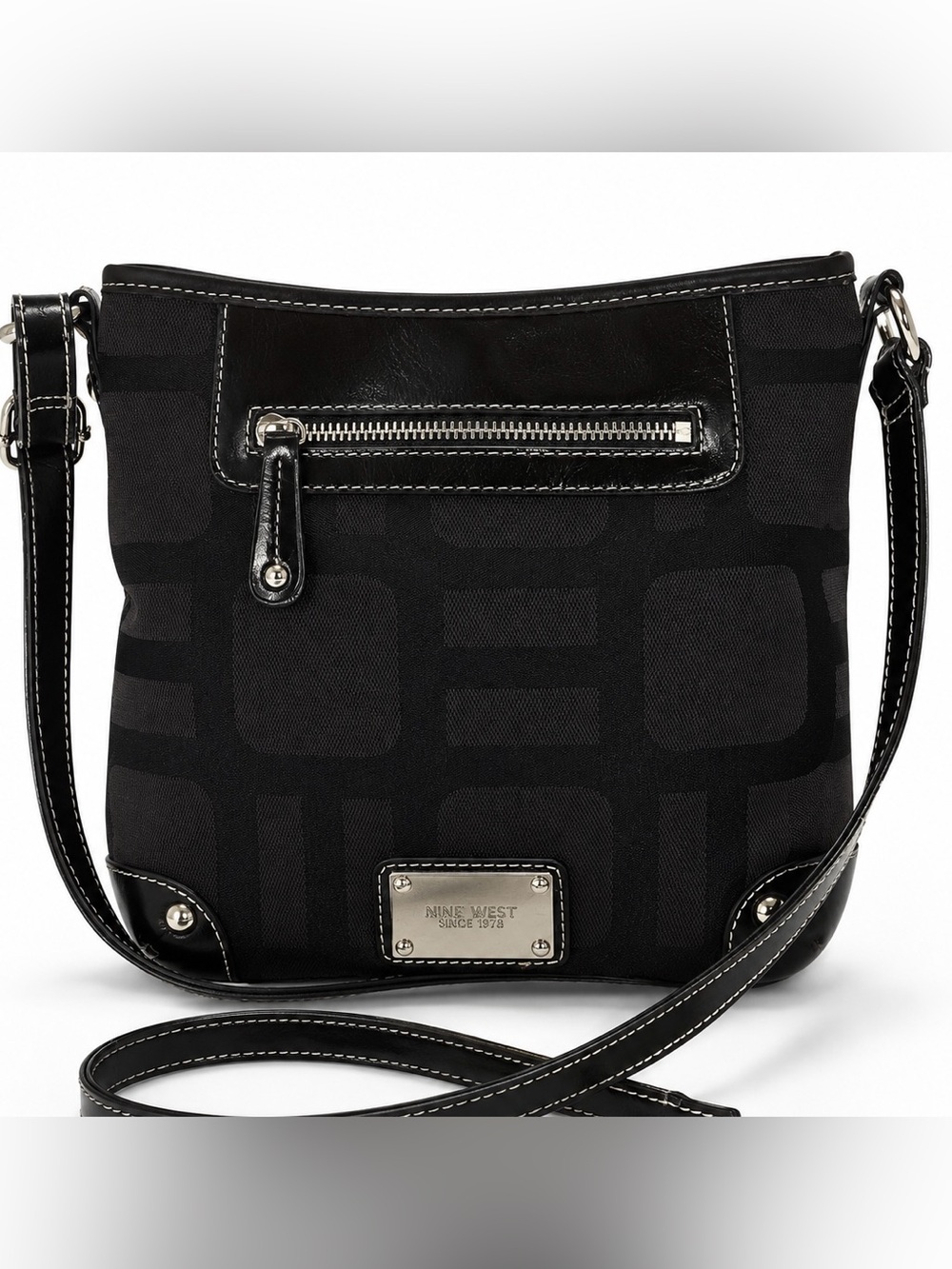 Nine West Black Jacquard Geometric Logo Crossbody Bag Purse Shoulder Handbag